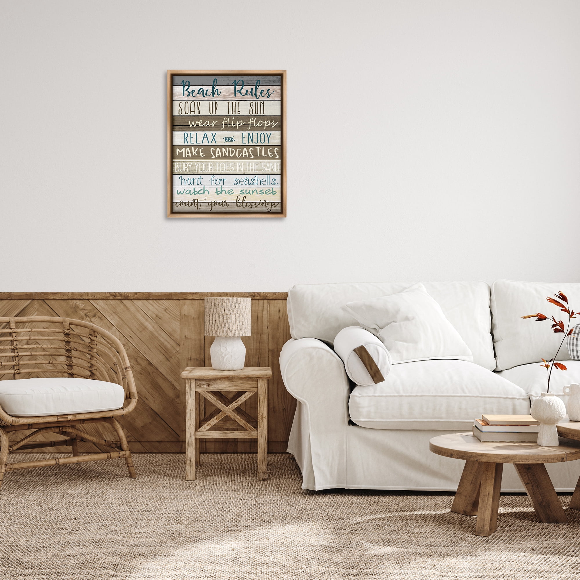 Stupell Industries Nautical Fun Beach Rules Typography Painting Brown Floater Framed Canvas Art Print Wall Art, 25 x 31