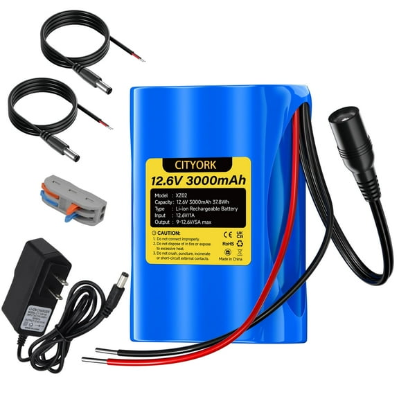 Rechargeable 12.6V 3000mAh Li-ion Battery, Bare Leads Wire Replacement Battery Pack with Charger Compatible with 12V Devices RC Car,LED Strip,DIY,Electronic Organ,Optical Network Unit,CCTV Camera