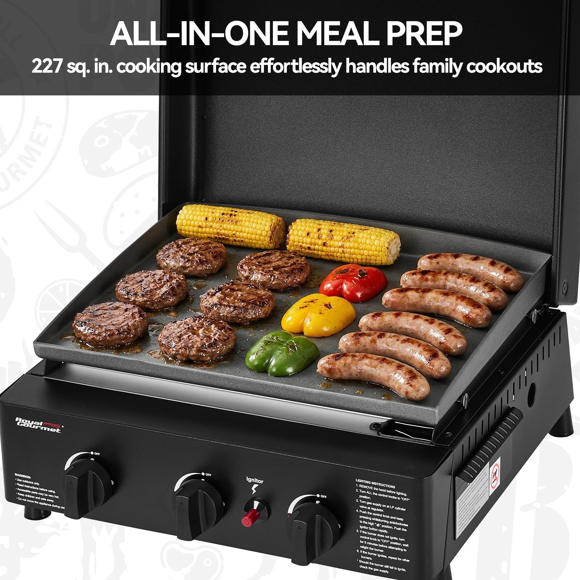 Royal Gourmet PD1503H Portable 3-Burner Propane Griddle with Hood for Backyard, Patio and Outdoor Cooking, Black