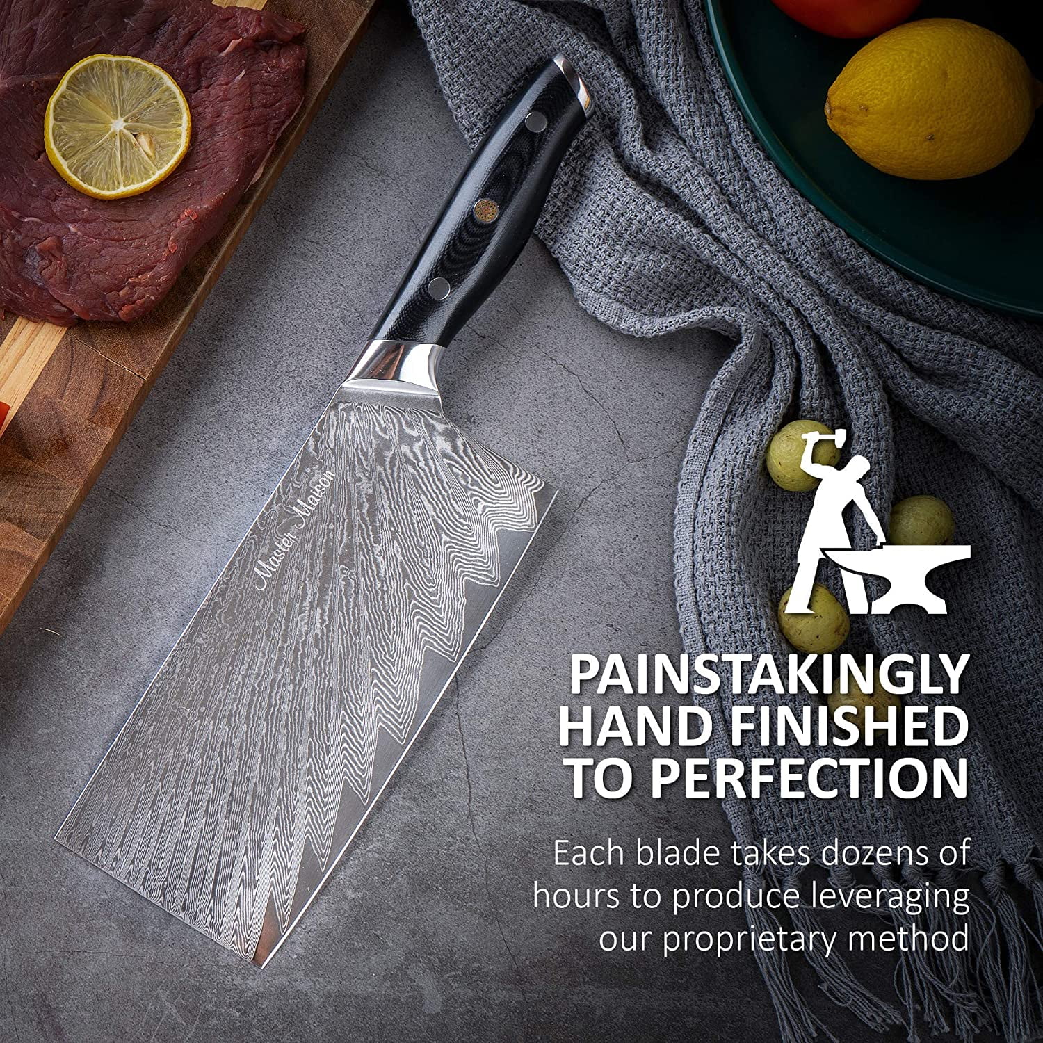 Master Maison Authentic 7.5" Damascus Cleaver Knife With Full-Tang Handle, Sheath, Sharpening Stone, Storage Box & Drying Cloth | AUS-10 Japanese Stainless Steel