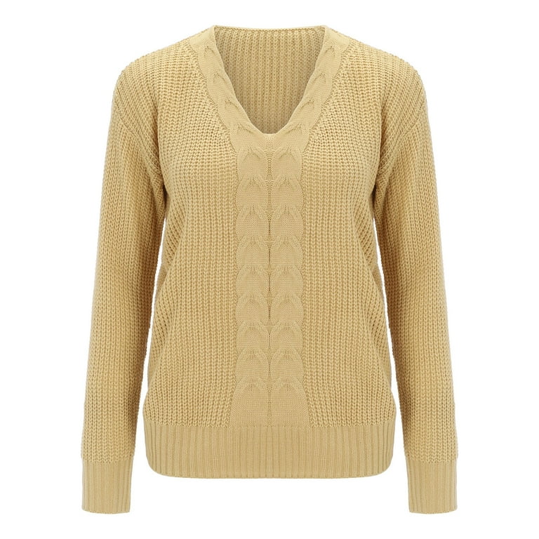 Daznico Sweaters For Women Ladies Autumn And Winter Long Sleeve Solid Color  V Neck Slim Fit Twist Fashion Knitted Pullover Sweater Top Beige Xl