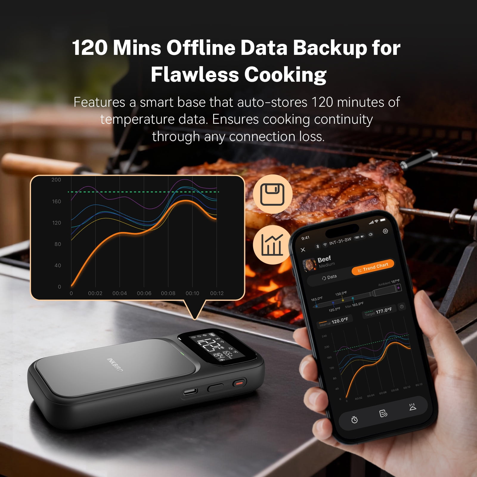 INKBIRD INT-31-BW Wireless Meat Thermometer, WiFi 5G and Bluetooth 5.4 Dual Connection, Multi-sensing Temperature Probe, NIST Approved Accuracy, High and Low Temp Alarms with Cooking Time Estimator