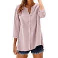 thumbnail image 4 of Women's Plus Size Cotton Linen Shirt, 3/4 Sleeve Button Down Blouse, Loose Fit Breathable Casual Top for Work, Daily Wear and Versatile Outfits Pink M, 4 of 10
