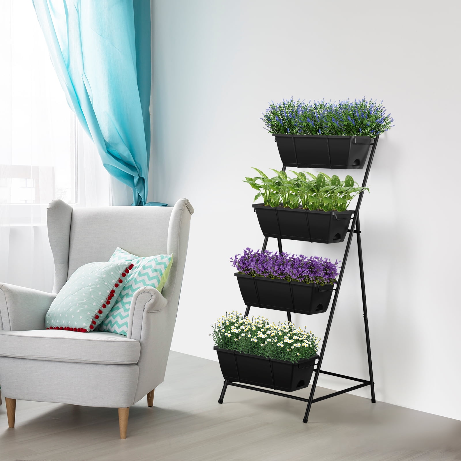 Outdoor 4-Tier Planter Rack with Drainage Holes and Removable Tray Brick Black Metal