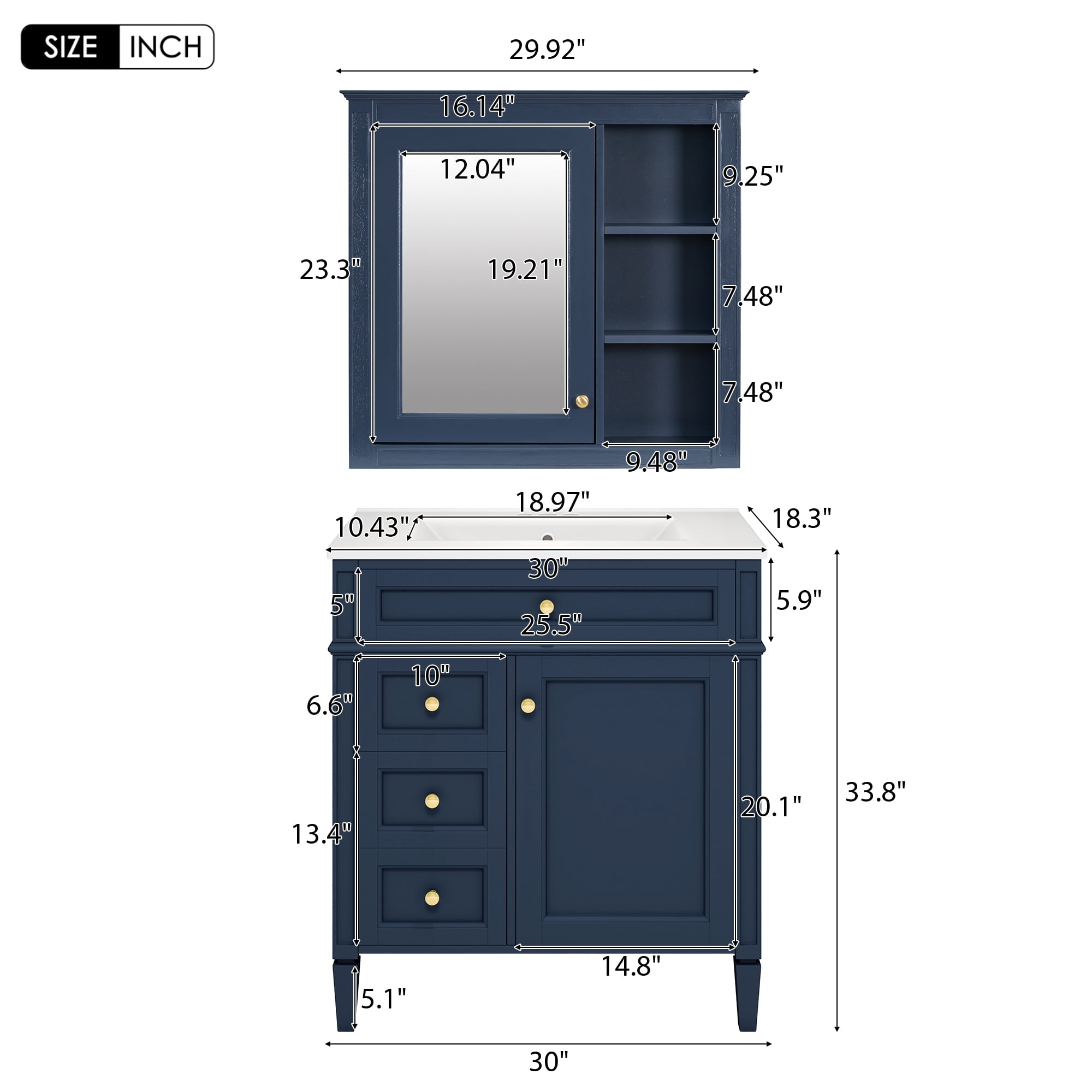 30'' Bathroom Vanity with Top Sink, Modern Bathroom Storage Cabinet with 2 Drawers and a Tip-out Drawer,  Freestanding Vanity Set with Mirror Cabinet, Single Sink Bathroom Vanity