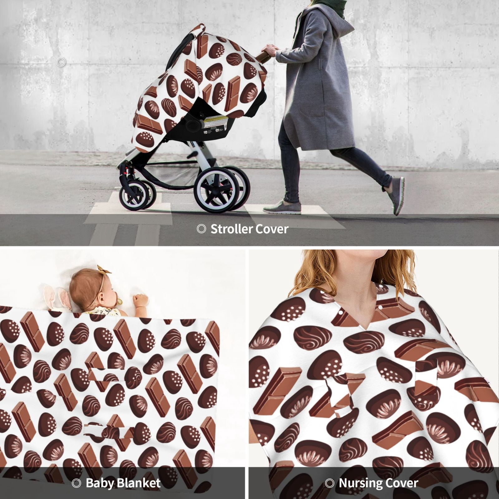 Car Seat Cover Baby - Chocolate Print Brown White Breathable Infant Car Seat Cover for Baby Carseat, Lightweight Comfort Baby Essentials Must Haves Newborn Stuff for Girl Boy