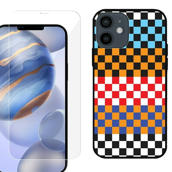 Slim-Fit Protective Phone Case (Black) compatible with iPhone 12 / iPhone 12 Pro, with Tempered Glass Screen Protector, by OneToughShield ® - Colorful Checker