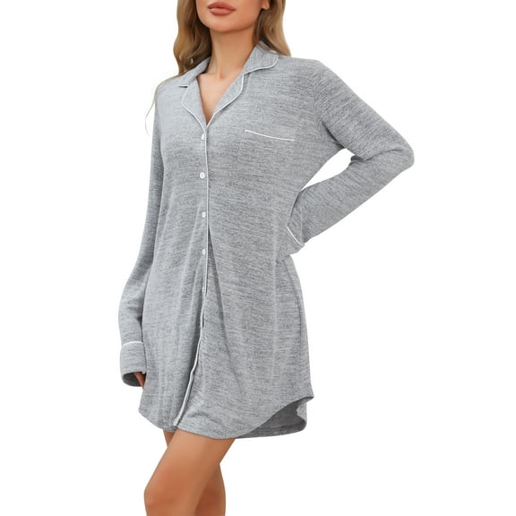 INSPIRE CHIC Women's Knit Nightgown Button Up Short Sleepwear V Neck Lapel Long Sleeves Nightshirt