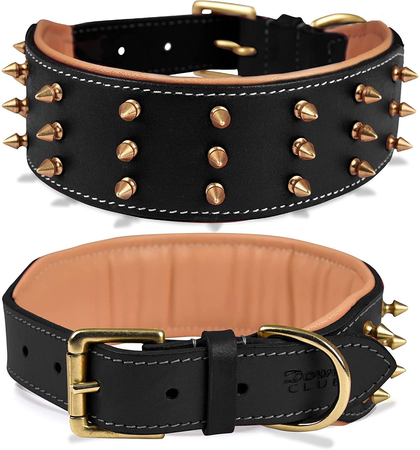 DowgClub | Genuine Leather Heavy Duty Spiked Dog Collar | Full Grain, Cushion Sheep napa padding Inside, Comfortable, Strong | Best for Medium, Large, X-Large Breeds | Cherry, Black, Pink, Tan |