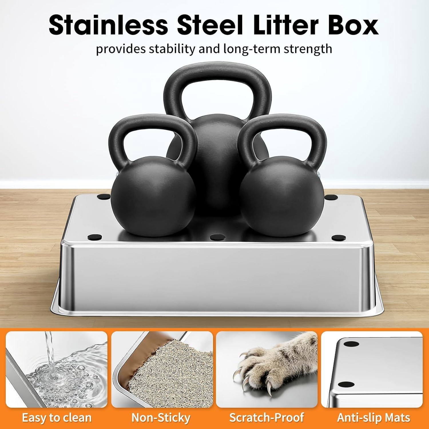 2PACK XXXL Stainless Steel  Litter Box with High Sides Lid, Large Litter Box for Big&Multiple Cats, Metal Kitty Litter Boxes with Footboard & Scoop, Anti-Leakage, Non-Sticky, 28.3x20.2x11.5inch