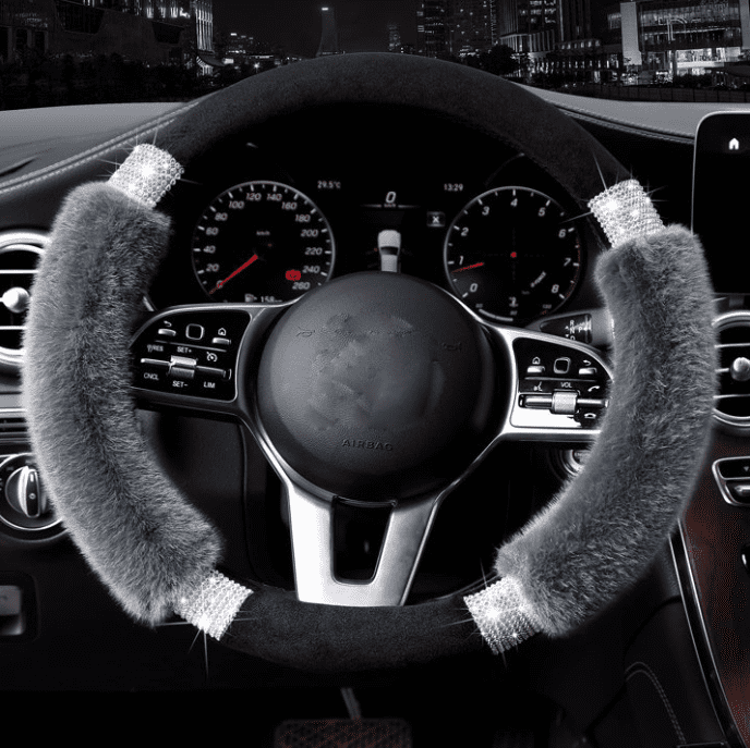 Rhinestone Fluffy Steering Wheel Cover Comfortable Non-Slip Luxury Faux Wool, Universal Fit for 14.5-15 Inches Steering Wheels