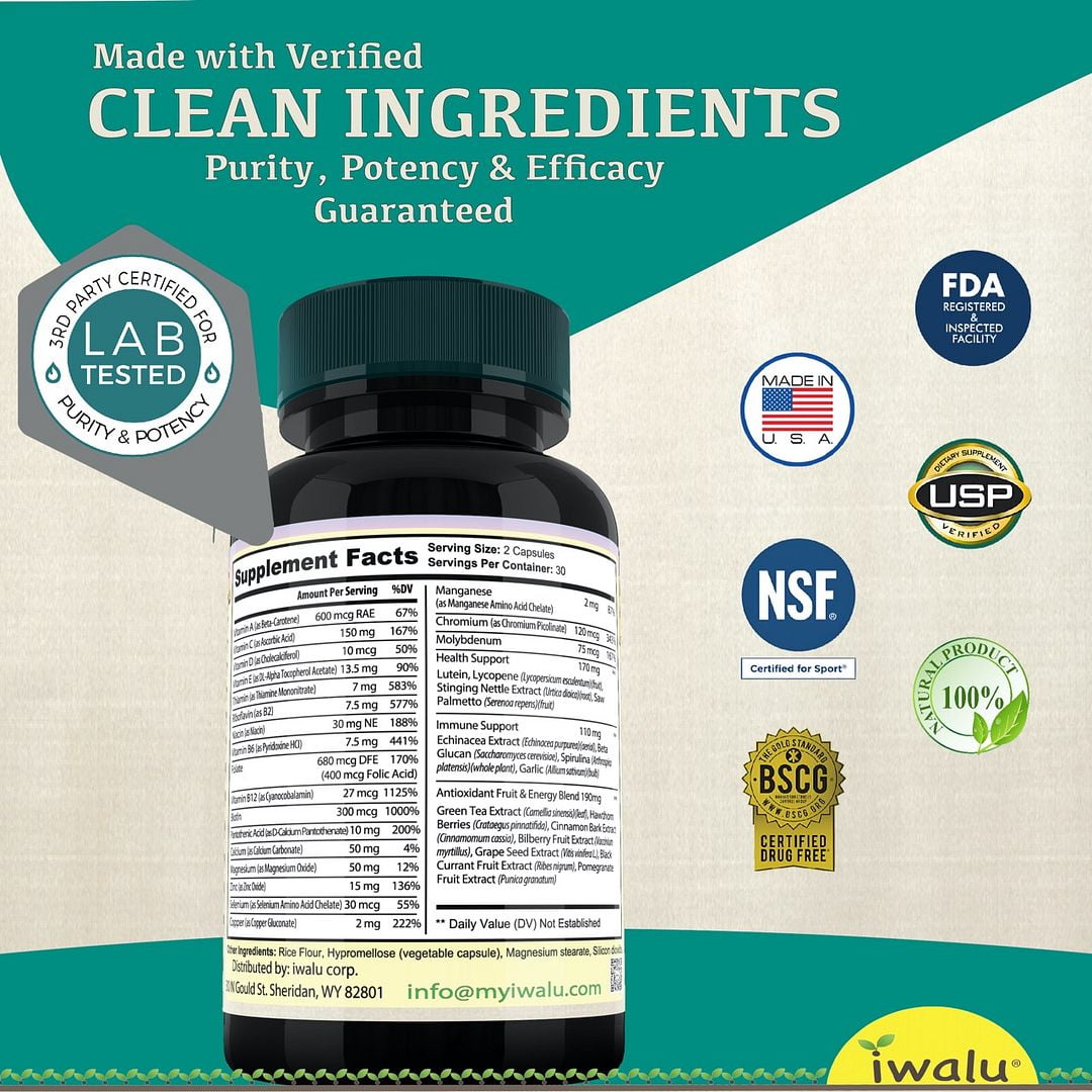 iwalu GoodMorning Women's Daily Multivitamin | All in One Vitamins Minerals Botanicals Complex | A D3 B Complex Magnesium Cinnamon Saw Palmetto - for Active Adults | 60 Capsules | NSF Certified USA
