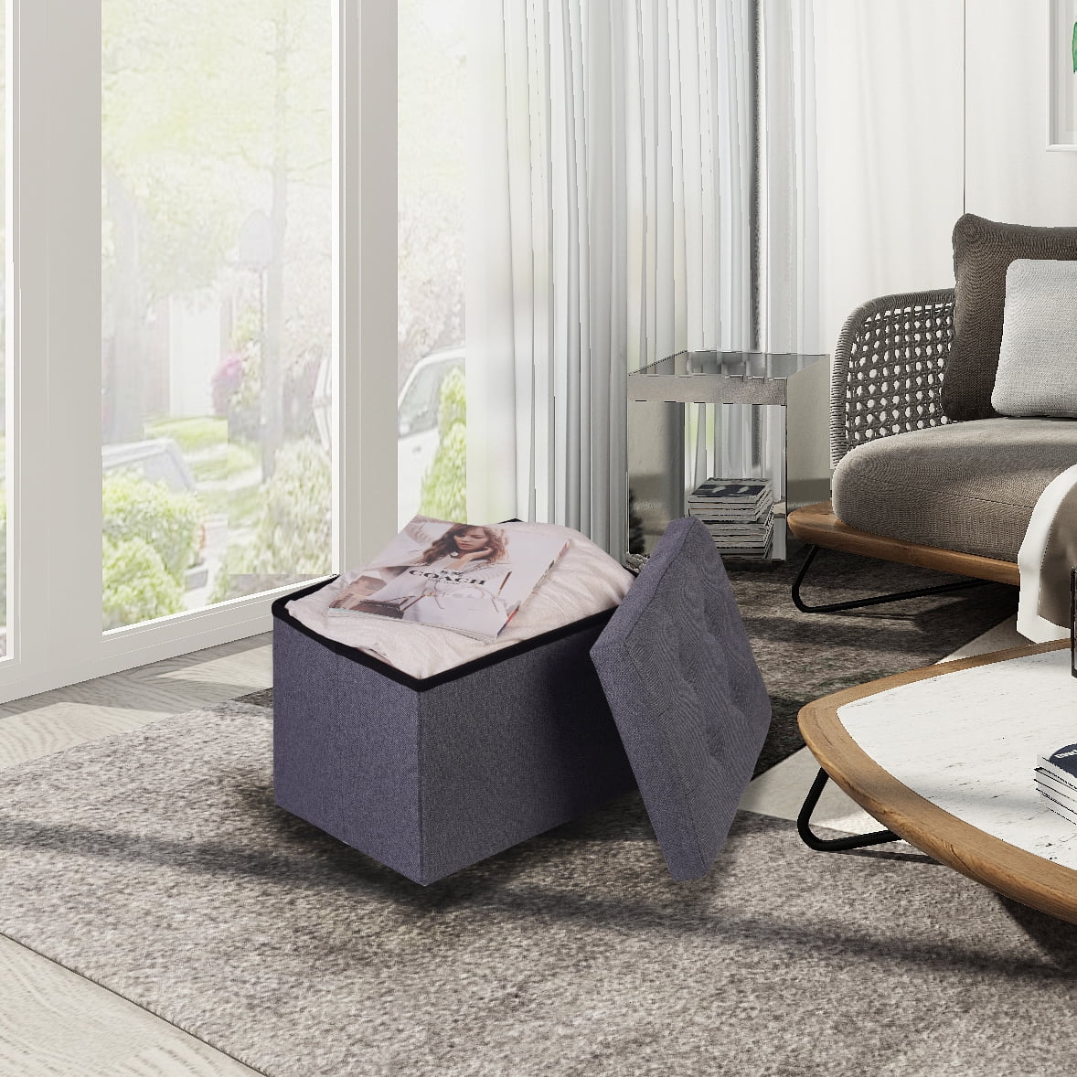 Storage Ottoman Cube - Ottoman as Stool, Foot Rest & Stepping Stool - Folding with Padded Seat Gray