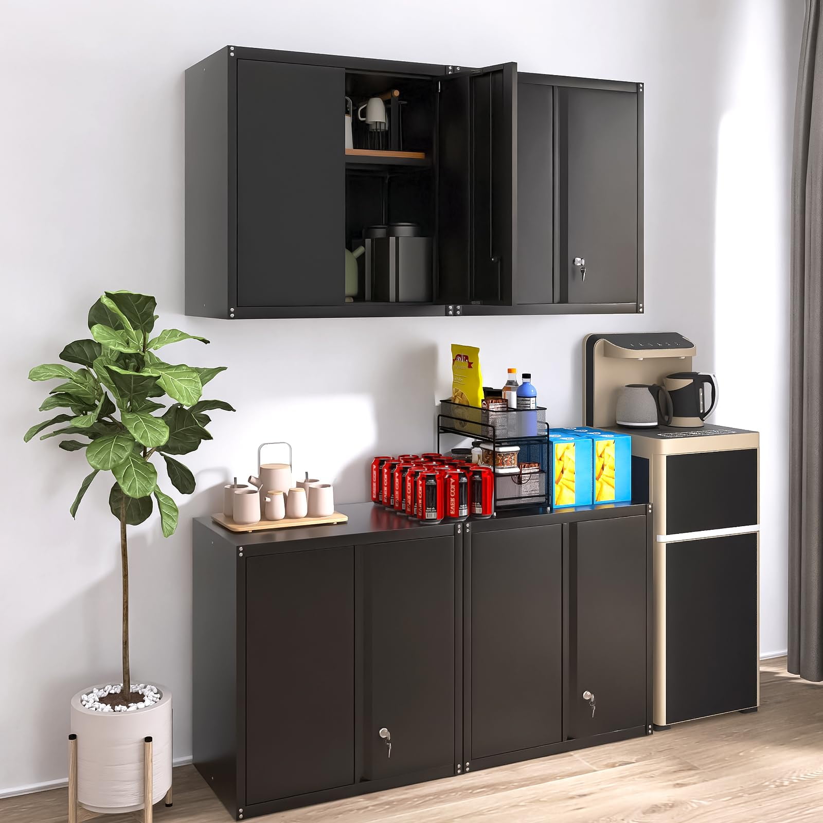 Marcree Garage Wall Storage Cabinet, Metal Wall Mount Cabinet with 2 Locking Doors and Adjustable Shelf, Small Steel Tool Cabinet for Kitchen, Garage, Laundry Room, Pantry, Black