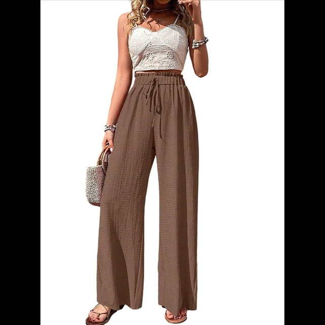 Pantalones de Salón de Pierna para Mujer, Cintura Alta, Ajustables, con Nudo de Lazo, Holgados. Color Café S