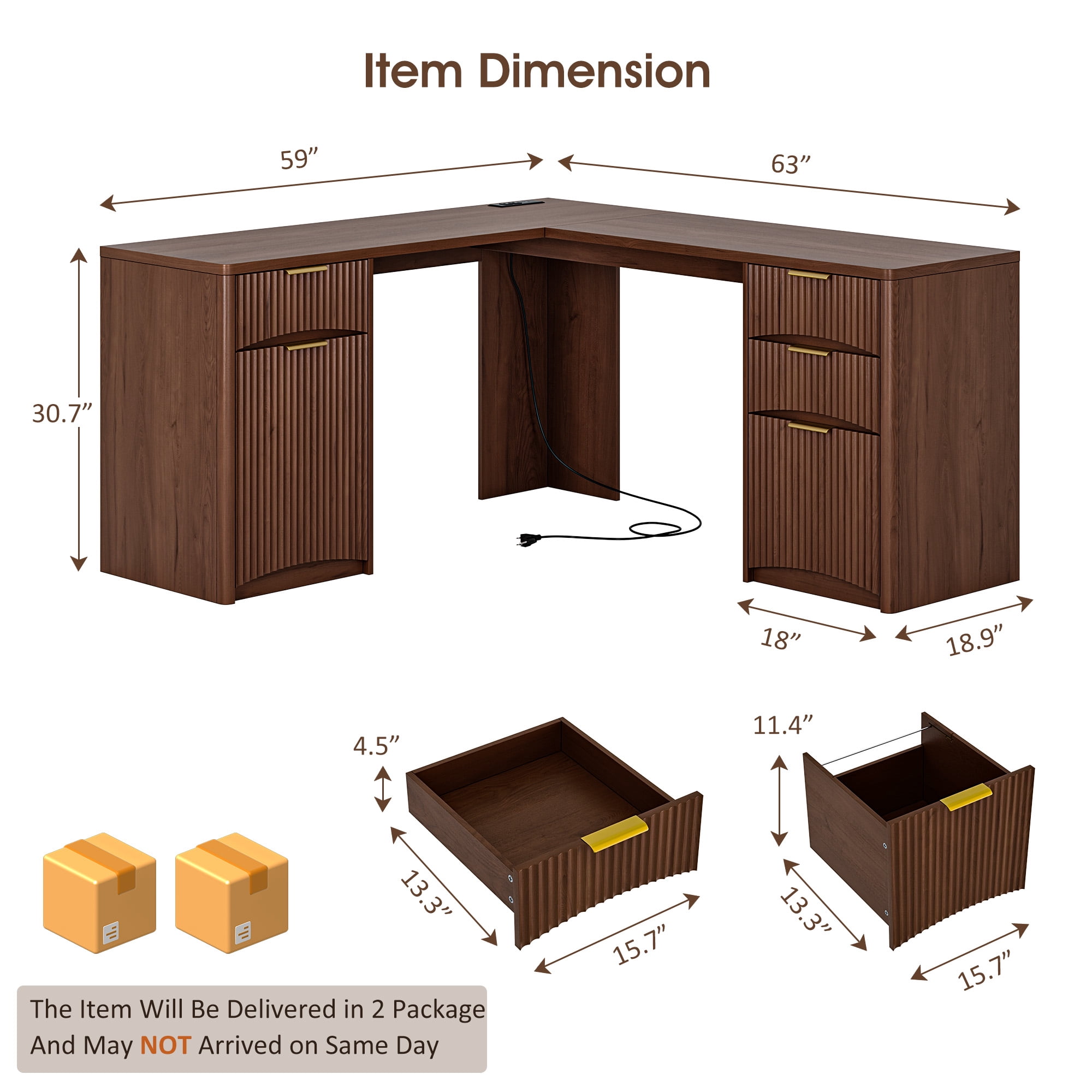 63'' Fluted L Shaped Desk with Drawers, Corner Computer Desk with Storage, Modern Executive Home Office Desk with File Cabinet and Charging Station, Walnut