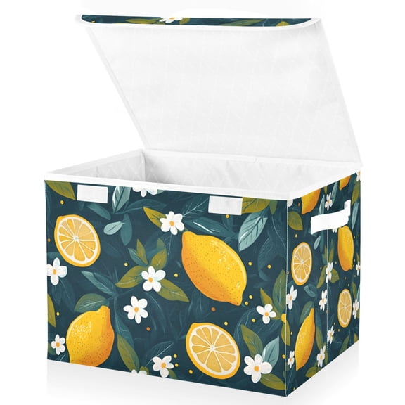 Yayeee Collapsible Cube Storage Bin with Lid Fabric Closet Decorative Basket with Handles, Green Lemons