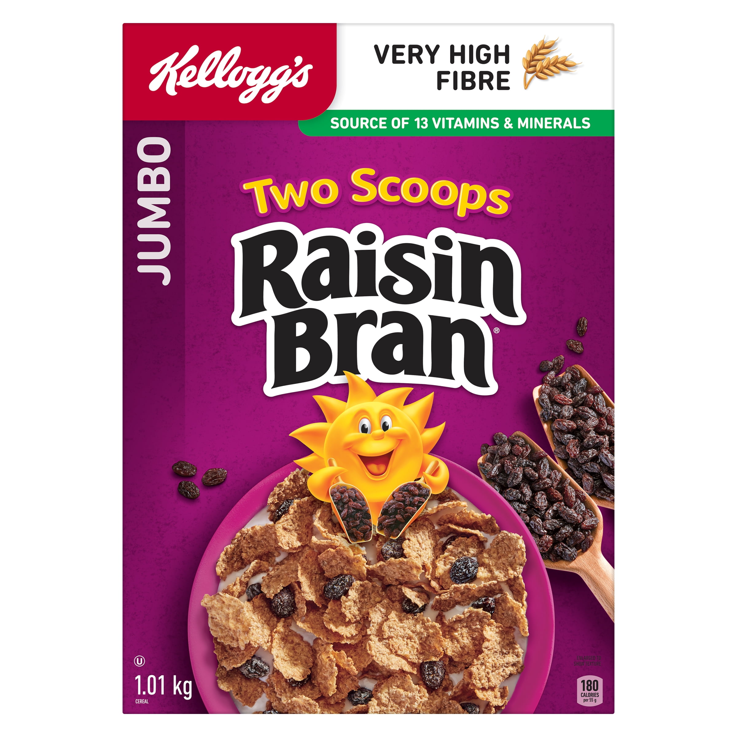 Kellogg's* Two Scoops* Raisin Bran Cereal Jumbo, 1.15 kg, Kellogg's* Two Scoops* Raisin Bran cereal is a delicious combination of crispy bran flakes & sweet sun-ripened raisins.