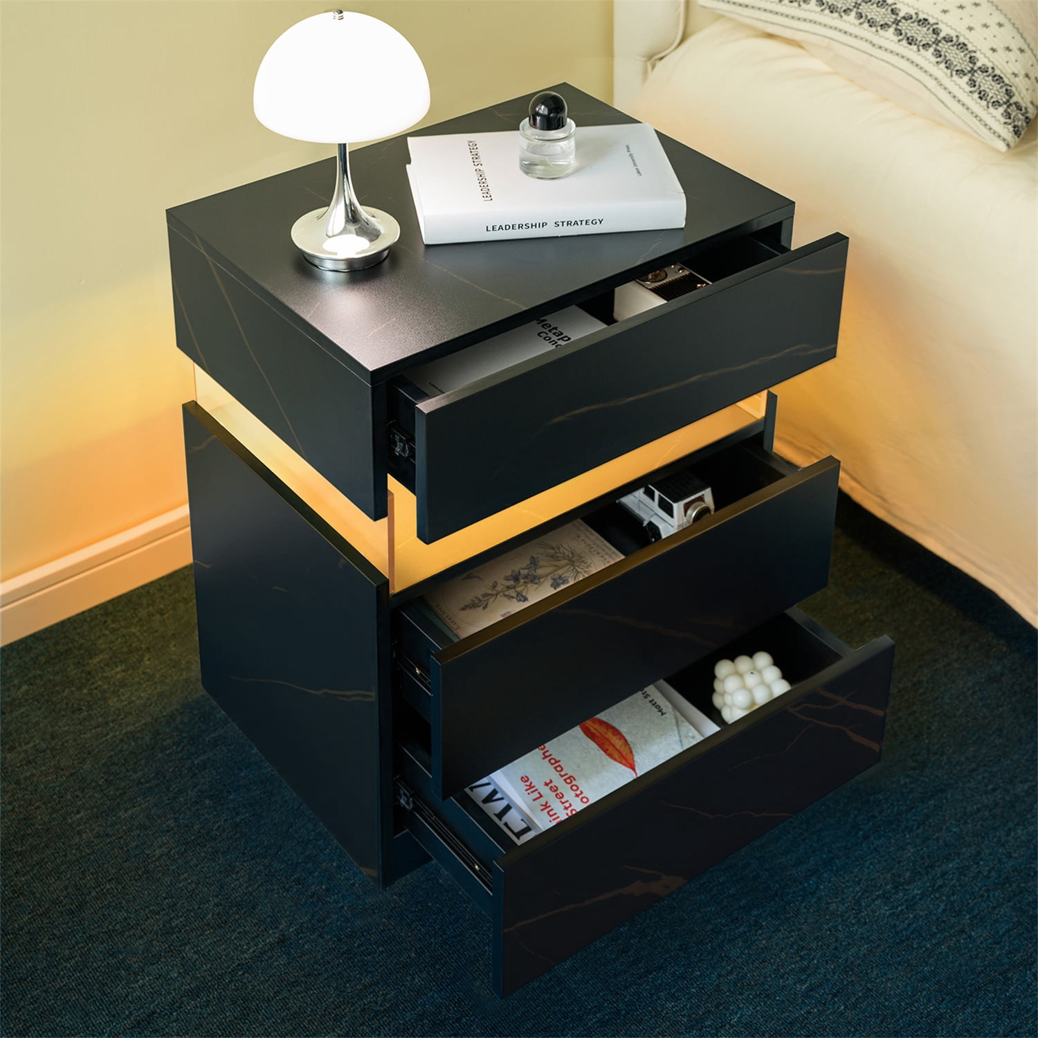 Hommoo 3 Drawer Dresser LED Nightstands, End Table Bedside Tables for Bedroom, Living Room, Black Gold