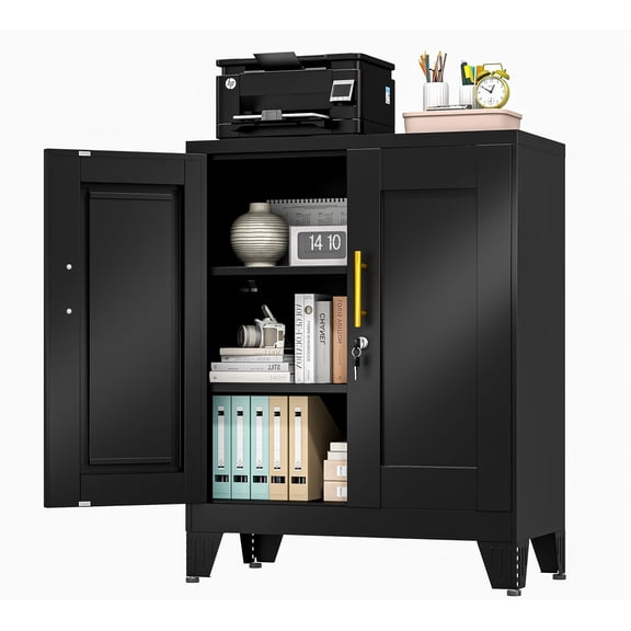 Black Metal Storage Cabinet, 36" Tall Locking Storage Cabinet with 2 Adjustable Shelves, Steel Locker Organizer, for Office, Home, School