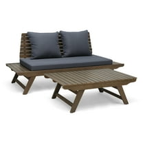 GDF Studio Bowie Outdoor Acacia Wood Loveseat and Coffee Table Set with Cushions, Gray and Dark Gray