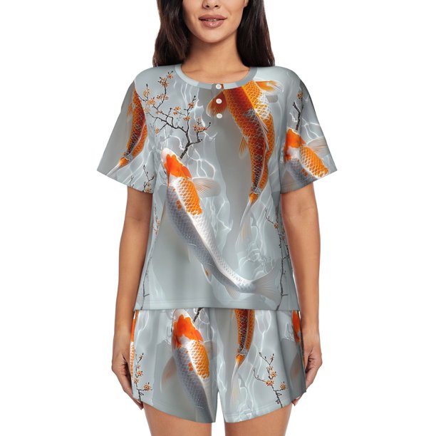 Fotbe Koi Fish Water Conjunto de Pijama Estampado para Mujer, 2 Piezas, Ropa de Dormir con Camiseta de Manga Corta y Shorts Suaves-Large