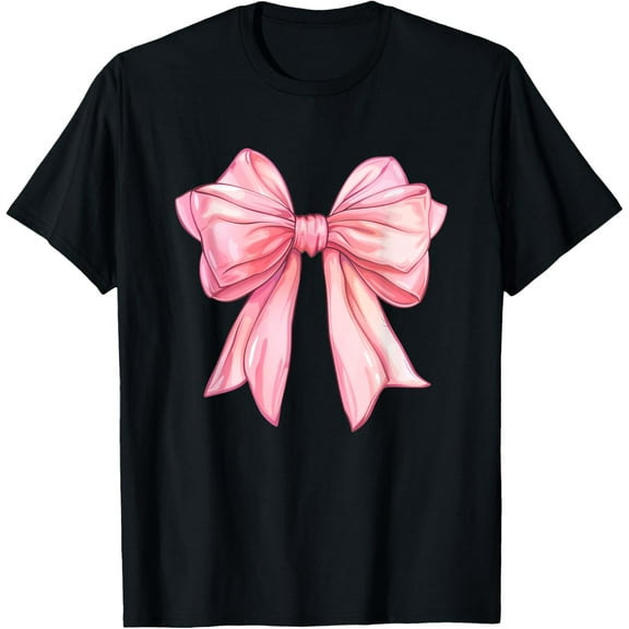 Trendy Aesthetic Pink Coquette Girl Pink Bow Ribbon T-ShirtMen and women, Black T-shirt, size: Extra large