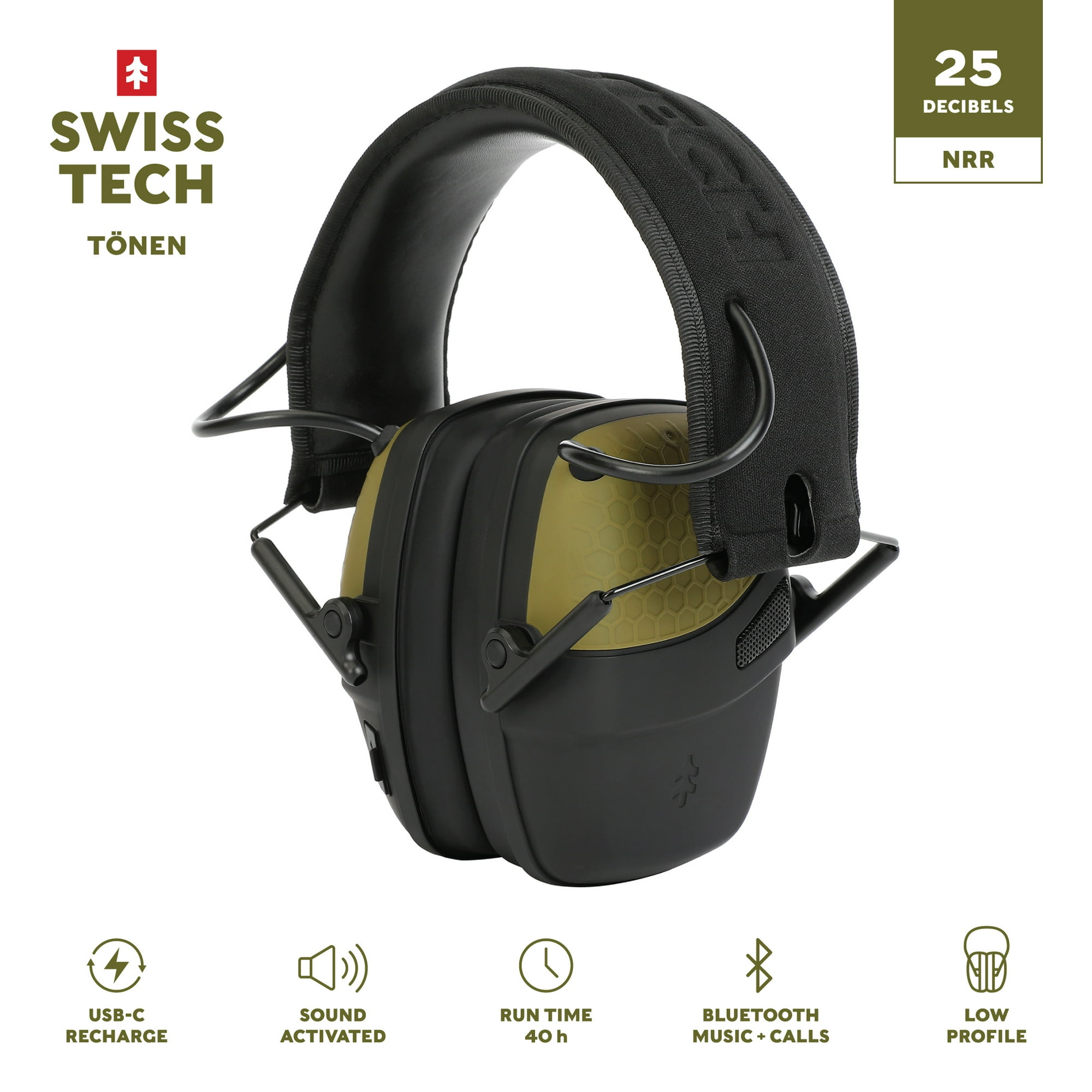 Swiss Tech Electronic Hearing Protection Earmuffs with Bluetooth, Rechargeable, NRR 25dB, Tonen