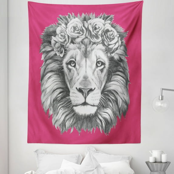 Lion Tapestry, Portrait of an Exotic Safari Animal with a Floral Head Wreath, Fabric Wall Hanging Decor for Bedroom Living Room Dorm, 5 Sizes, Magenta Grey and White, by Ambesonne