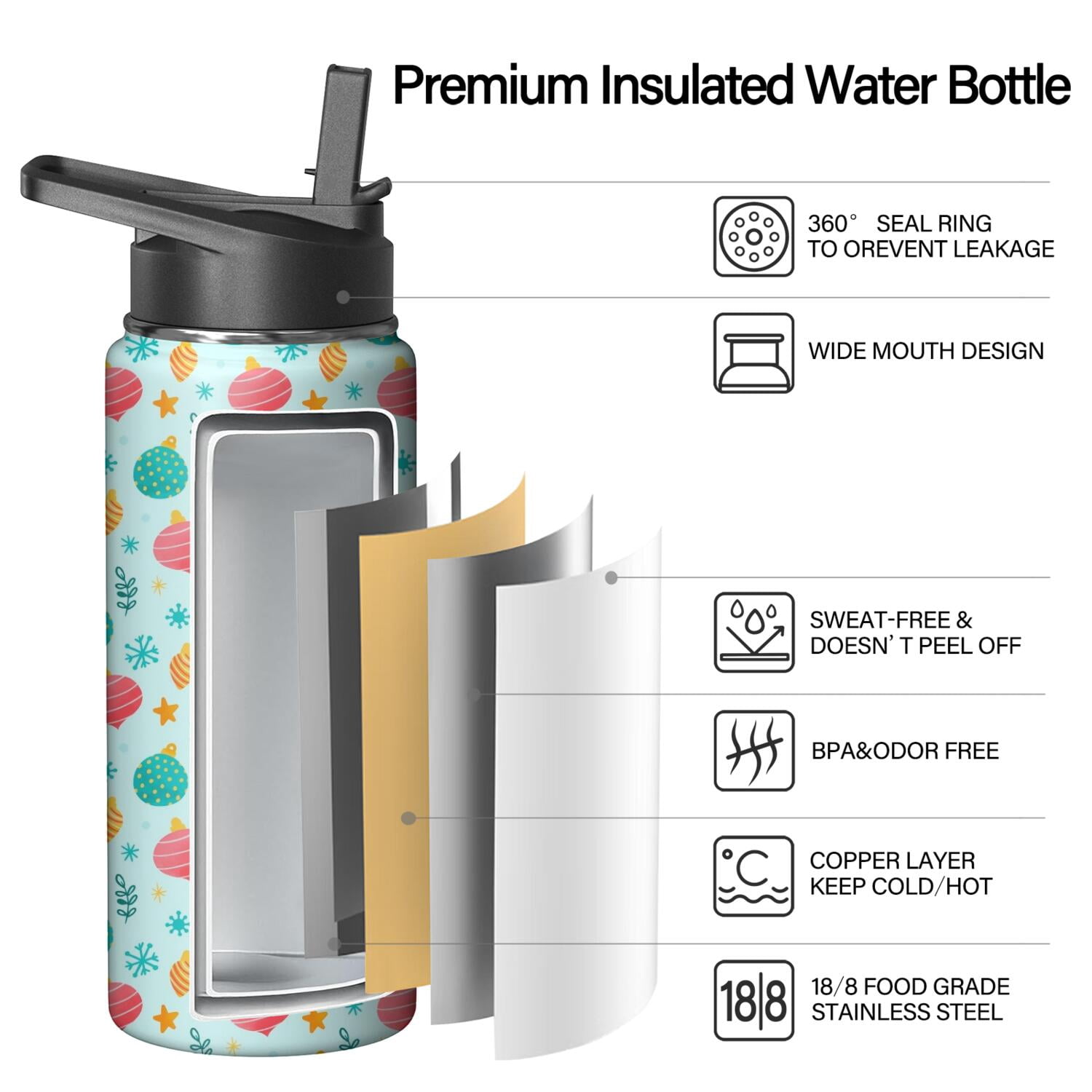 Christmas 18 oz Insulated Stainless Steel Water Bottle with Straw & Cleaning Brush , Leakproof, BPA-Free, 304 Stainless Steel, Wide Mouth, Travel Mug for Car, Gym, Office