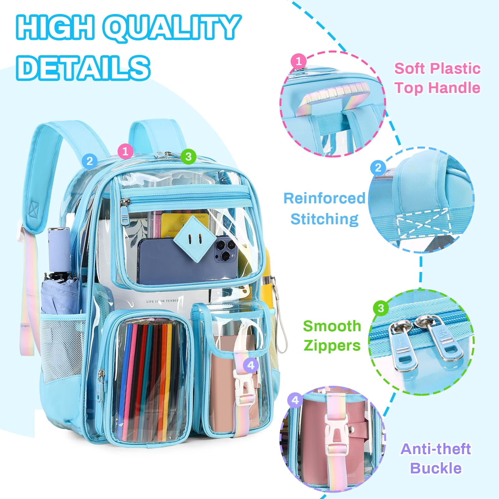 Sanmadrola Large Clear Backpack Heavy Duty Stadium Approved See Through Backpack Waterproof PVC Transparent Backpacks Clear Book Bag with Reinforced Strap for School Work Travel Festival, Blue