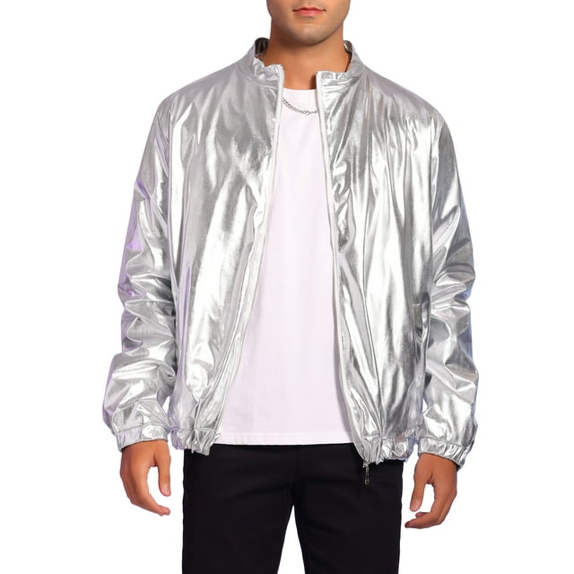 INSPIRE CHIC Shiny Varsity Jacket for Men's Metallic Baseball Bomber Jacket Silver M
