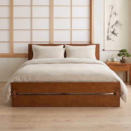 Euroco Wood Queen Size Platform Bed, Heavy-Duty Bamboo Bed Frame, Walnut Brown