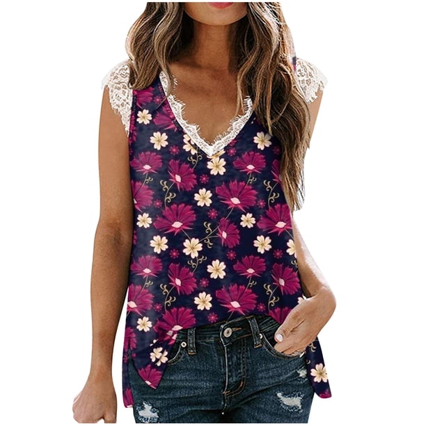 Blusa de encaje sin mangas con cuello en V para mujer de moda Camiseta con estampado floral Tops sueltos Pompotops hkajfhjk463804