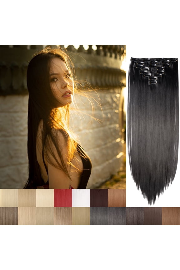 23Inch 8PCS Clip in Synthetic Hair Extensions Full Head Long Straight Clip Hairpiece for Women Girls Light Chestnut Brown Black