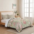 thumbnail image 5 of Twin XL Quilt Set 68''x98'', Pink Flowers Lightweight Summer Bedspread Coverlet Set with 2 Pillow Shams, Green Country Botanical Floral Leaves Breathable All Season Quilt Bedding for Dorm/Guest Room, 5 of 9