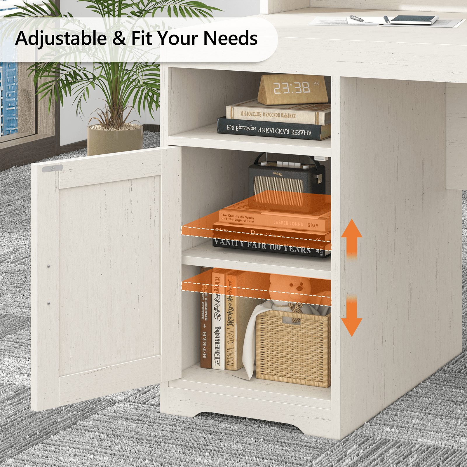 Farmhouse Computer Desk with Drawers, 65'' Home Office Desk with Power Outlets, Storage Cabinet and Printer Stand, Study Writing Desks with Long Monitor Stand, White