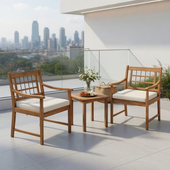 Topcobe 3 Piece Wood Patio Furniture Set with Seat Cushions and Acacia Wood Frame, Outdoor Patio Furniture-White