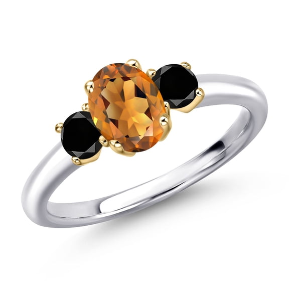 Gem Stone King 925 Silver and 10K Yellow Gold Orange Red Madeira Citrine and Black Diamond Engagement Ring for Women | 1.04 Cttw | Oval 7X5MM | Gemstone November Birthstone | Size 7