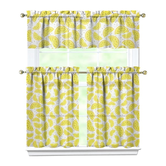 Lemon Yellow Kitchen Curtains 3-Piece Set - Vintage Floral Print Rod Pocket Curtains for Standard Windows