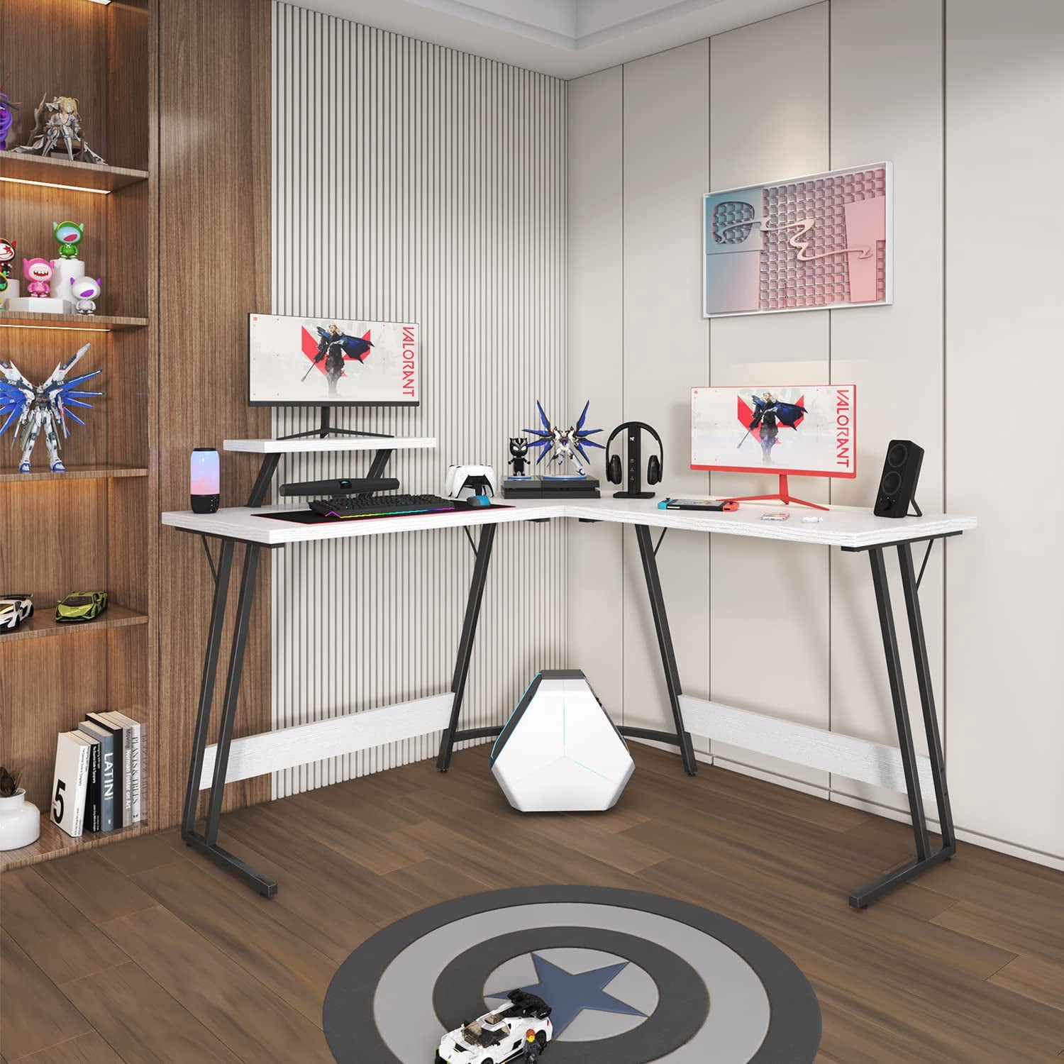 L Shaped Gaming Desk Computer Corner Desk PC Gaming Desk Table with Large Monitor Riser Stand for Home Office Sturdy Writing Workstation (Classical White, 51 Inch)