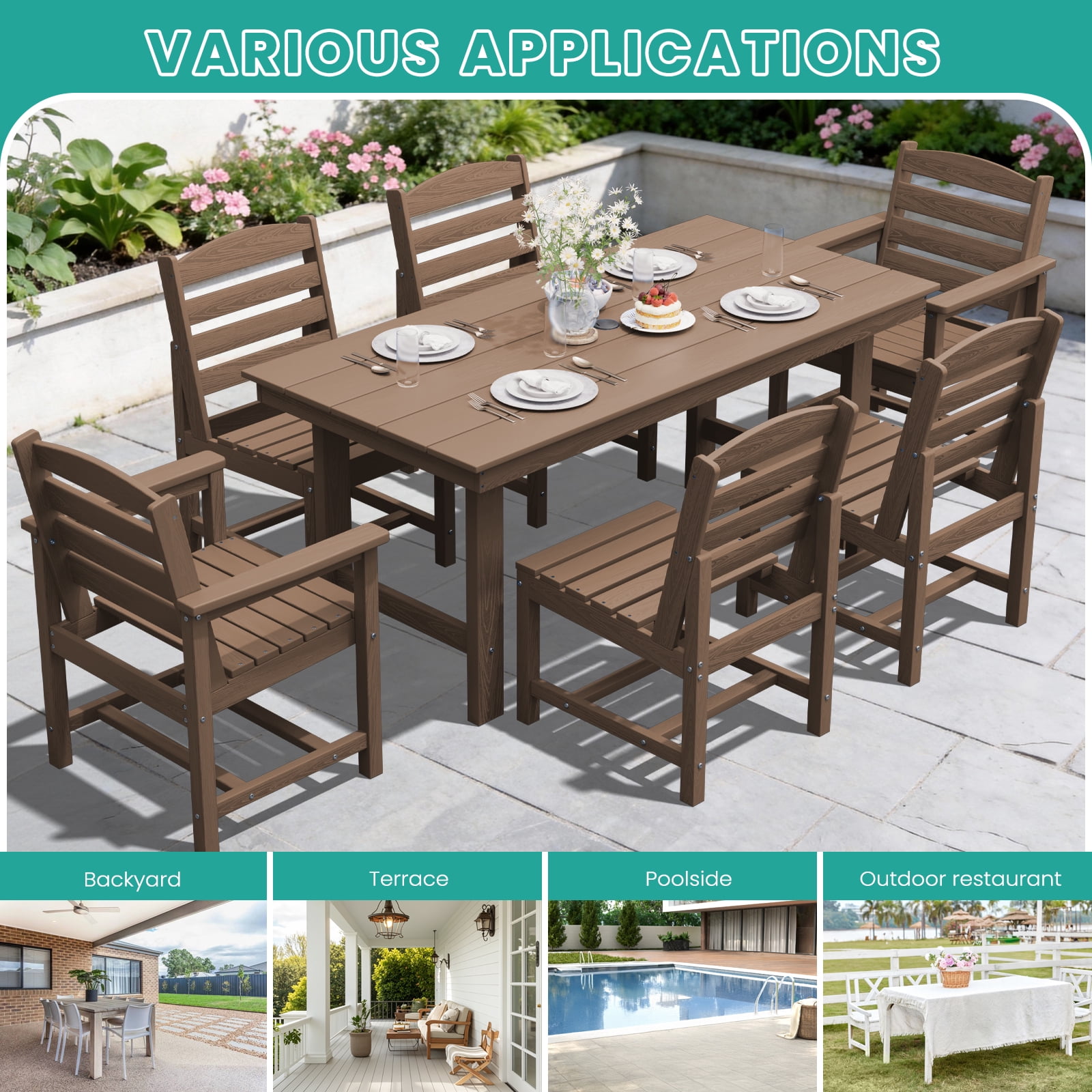 LOYALICE 7 PC Outdoor Patio Furniture Set, Patio Dining Sets, 6 Chairs and 1 Table, Brown