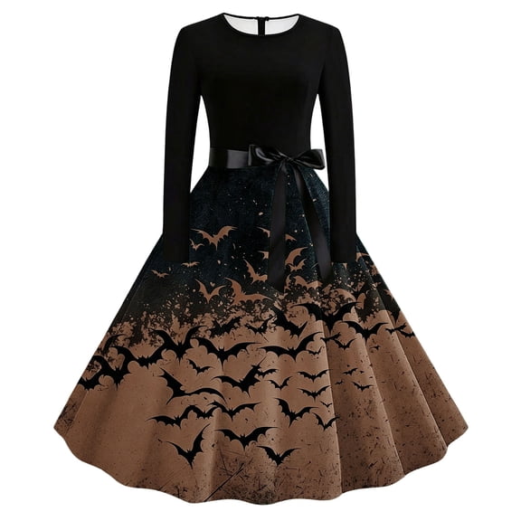 Iyufng Womens Halloween Gradient Bat Long Sleeve Dresses with Black Sash Bow Flared Midi Dress Vintage Party Costume