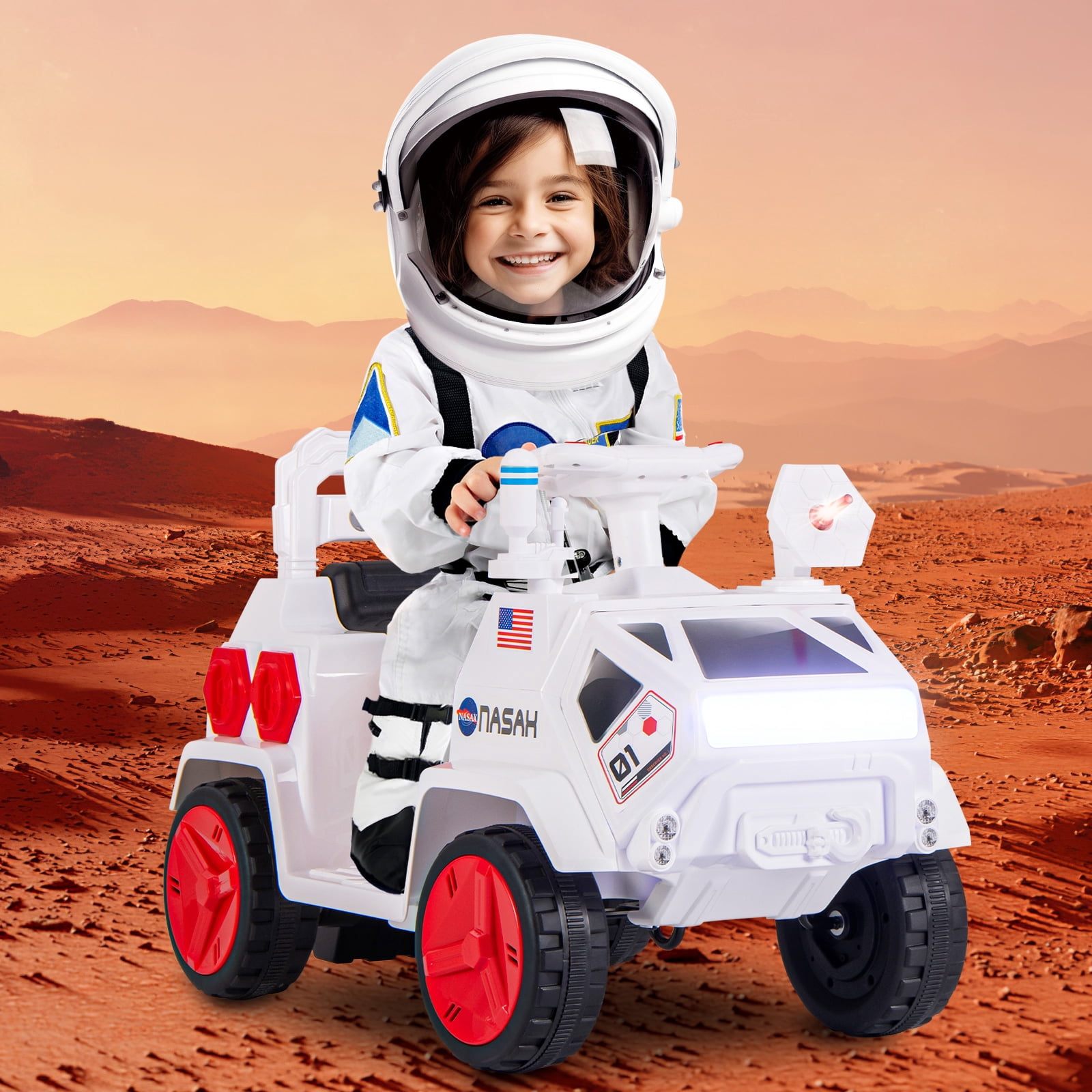 OLAKIDS Ride on Car, 6V Electric Toy for Kids with Radar, Rocket, MP3, USB, Horn, Power Display, Headlight, 4-Wheeler Battery Powered Quad Gift for Toddlers Boys Girls Age 3+