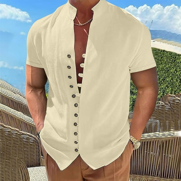 BADHUB Cotton Linen Shirt for Men Loose Fit Short Sleeve Button Down Shirt Soild Color Lightweight Beach Shirt Summer Hippie Tops