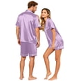 thumbnail image 5 of （Mens） Lightweight Summer Couple Satin Silk Button Down Short Sleeve Top Casual Shorts Matching His Hers Outfit Light Purple XL, 5 of 7