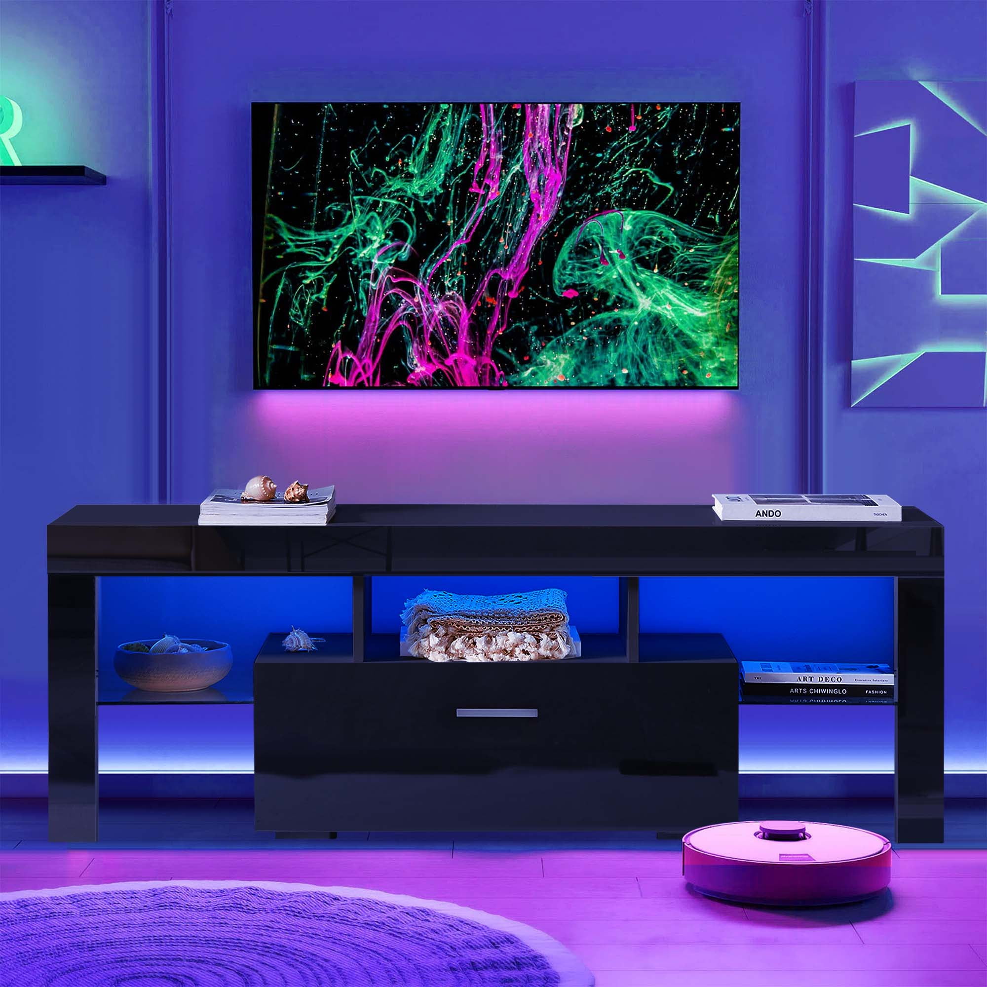 Aukfa LED  TV Stand for TVs up to 60", Storage TV Cabinet for Living Room - Black