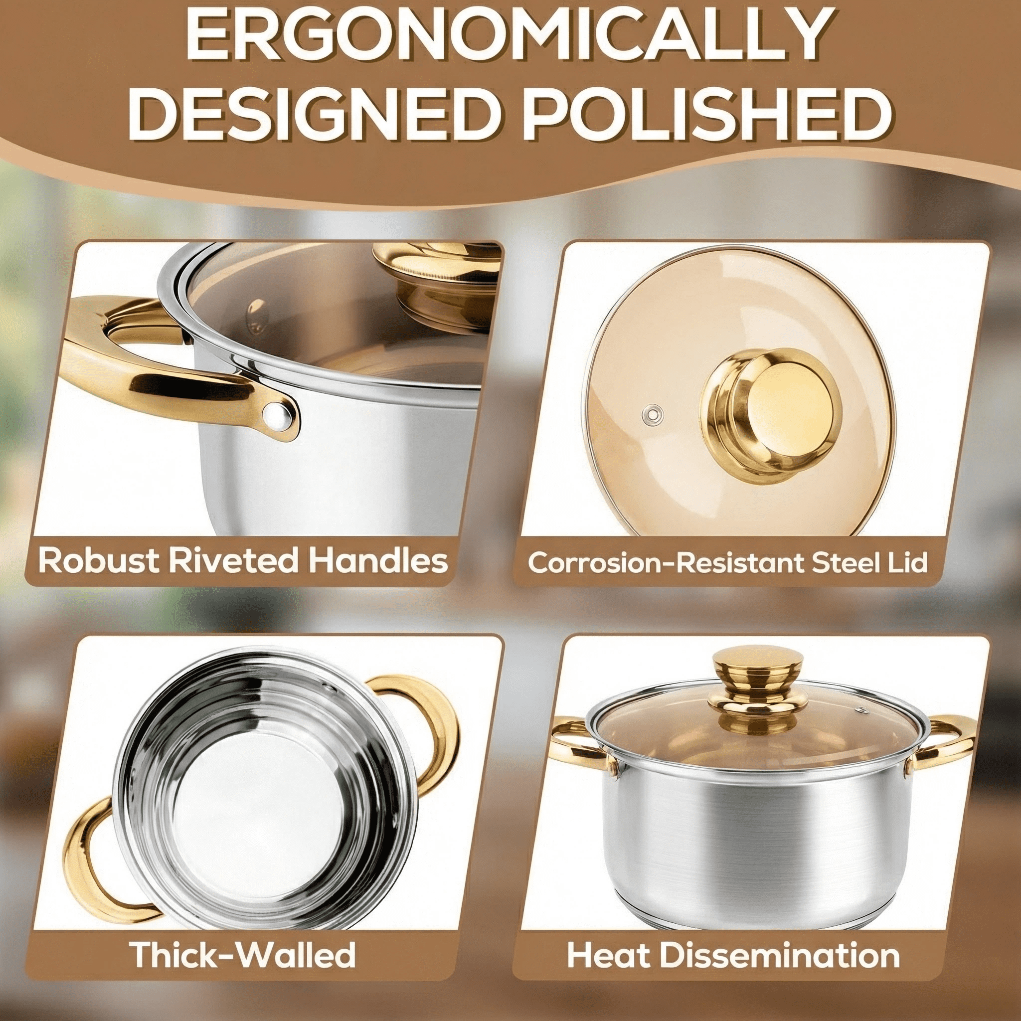 Bestdin Stainless Steel 8 Pieces Cookware Set with Lids, Gold Pots and Pans Kitchen Set Includes 4 Pots and 4 Visible Lids, Dishwasher-Safe