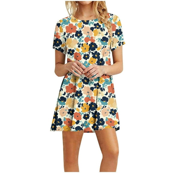 Xixinqiwan Women Dress,Women's Short Sleeve Crew Neck Floral Print Dress,Dressy Summer Dress Party Dress Outfit
