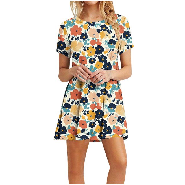 Ovzne Robes pour Femmes Robe Mode Robes d'Été Décontractées Col Rond Manches Courtes Robe Imprimée Robe d'Été Manches Courtes Imprimée Liquidation